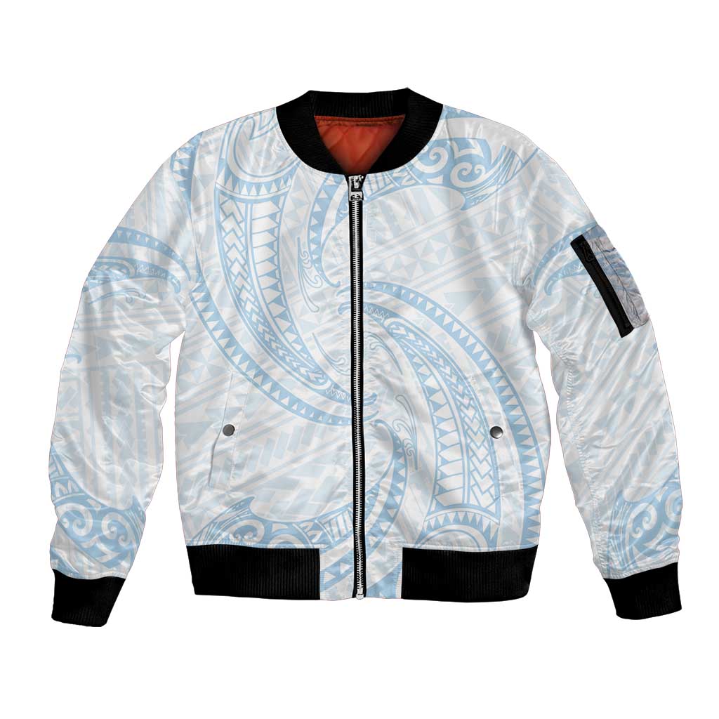 White Sunday Lotu Tamaiti Sleeve Zip Bomber Jacket Polynesian Wave Pastel Sky Blue LT9 Unisex Blue - Polynesian Pride