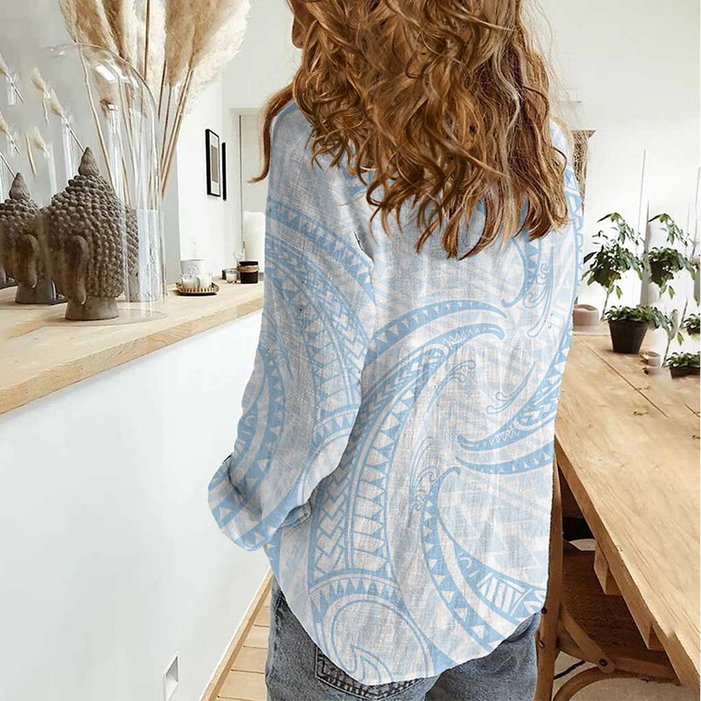 White Sunday Lotu Tamaiti Women Casual Shirt Polynesian Wave Pastel Sky Blue LT9 - Polynesian Pride