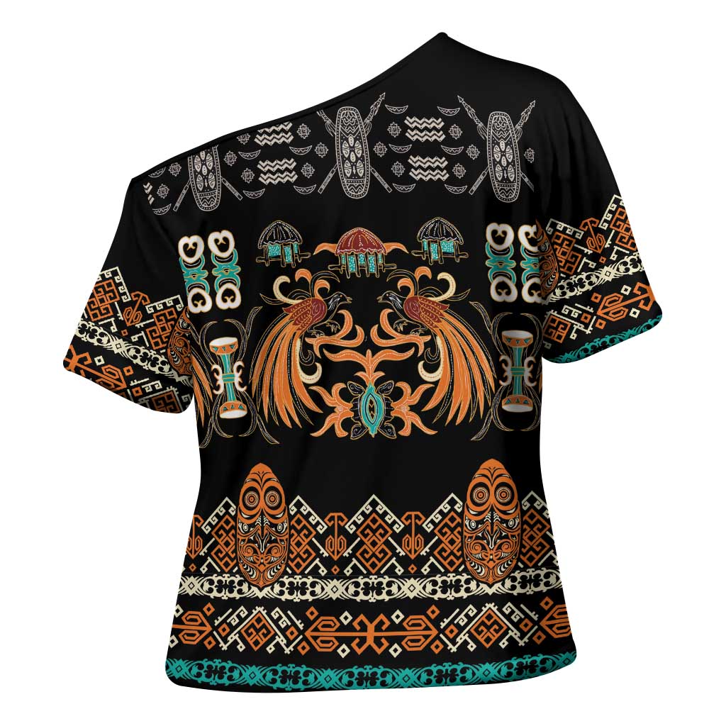 Black Batik Papua-inspired Pattern Cross Shoulder Shirt LT9 - Polynesian Pride