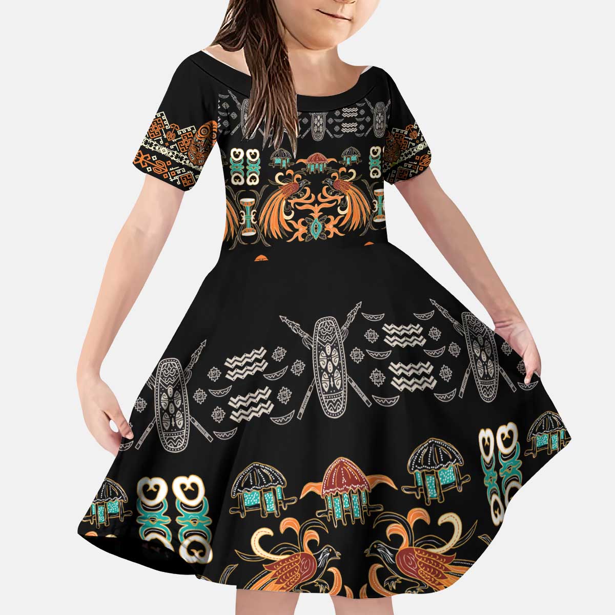 Black Batik Papua-inspired Pattern Kid Short Sleeve Dress LT9 KID Black - Polynesian Pride