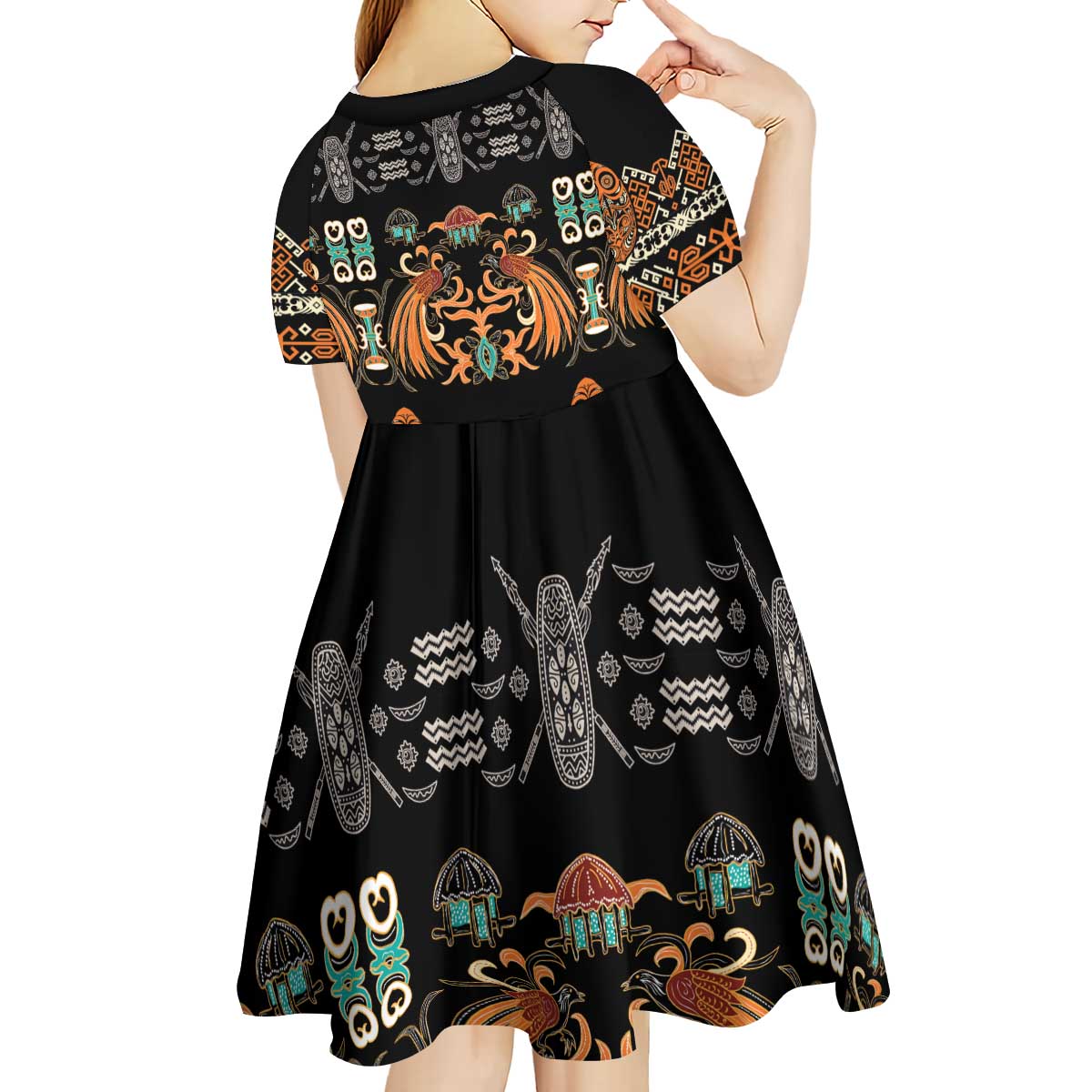 Black Batik Papua-inspired Pattern Kid Short Sleeve Dress LT9 - Polynesian Pride