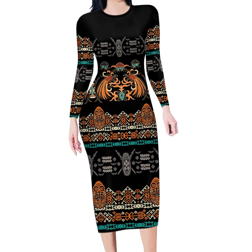 Black Batik Papua-inspired Pattern Long Sleeve Bodycon Dress LT9 Long Dress Black - Polynesian Pride