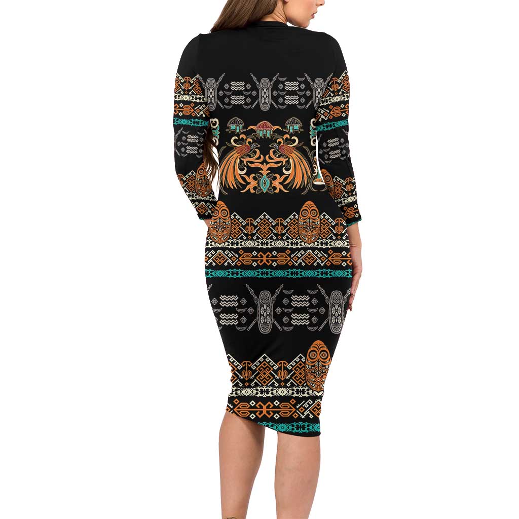 Black Batik Papua-inspired Pattern Long Sleeve Bodycon Dress LT9 - Polynesian Pride