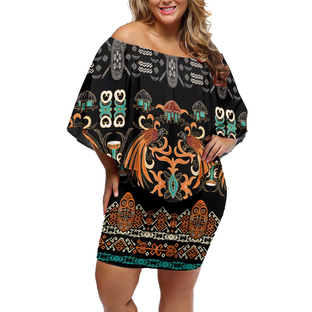 Black Batik Papua-inspired Pattern Off Shoulder Short Dress LT9 Women Black - Polynesian Pride