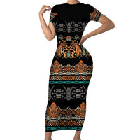 Black Batik Papua-inspired Pattern Short Sleeve Bodycon Dress LT9 Long Dress Black - Polynesian Pride