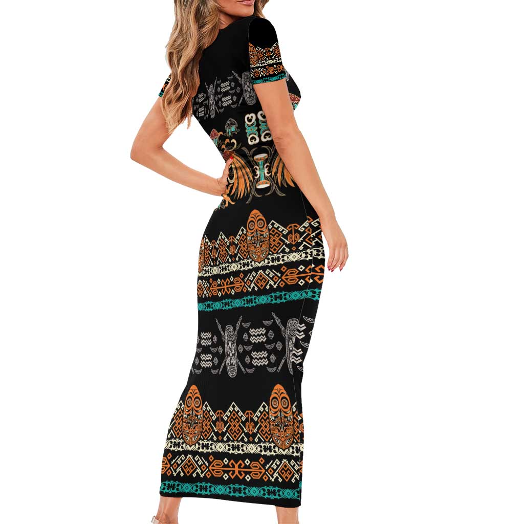 Black Batik Papua-inspired Pattern Short Sleeve Bodycon Dress LT9 - Polynesian Pride
