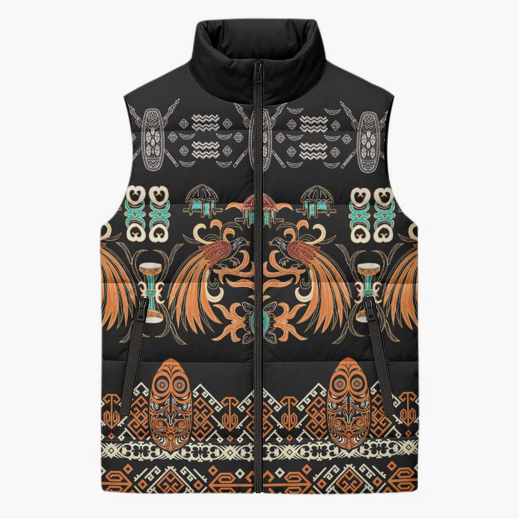 Black Batik Papua-inspired Pattern Sleeveless Puffer Jacket LT9 Unisex Black - Polynesian Pride