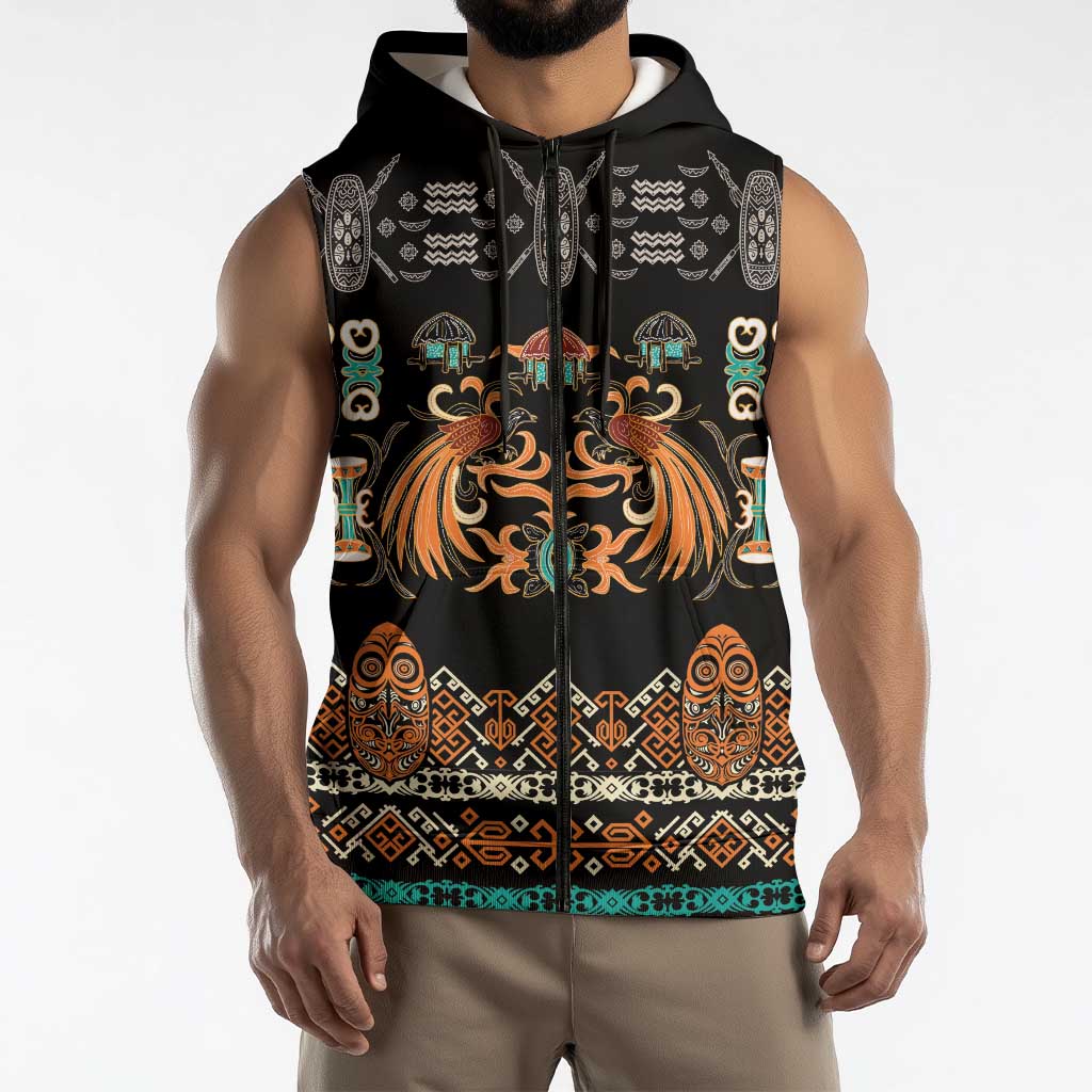 Black Batik Papua-inspired Pattern Sleeveless Zip Hoodie LT9 - Polynesian Pride