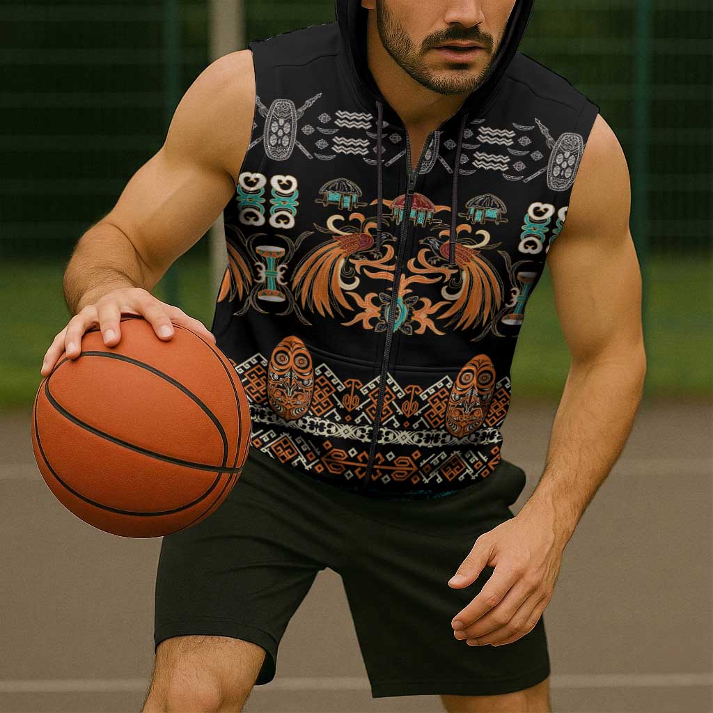 Black Batik Papua-inspired Pattern Sleeveless Zip Hoodie LT9 - Polynesian Pride