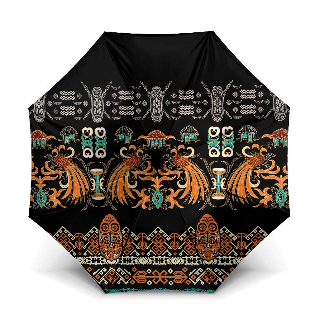 Black Batik Papua-inspired Pattern Umbrella LT9 One Size Folded 11.42 inch Opened Diameter 37.4 inch Black - Polynesian Pride