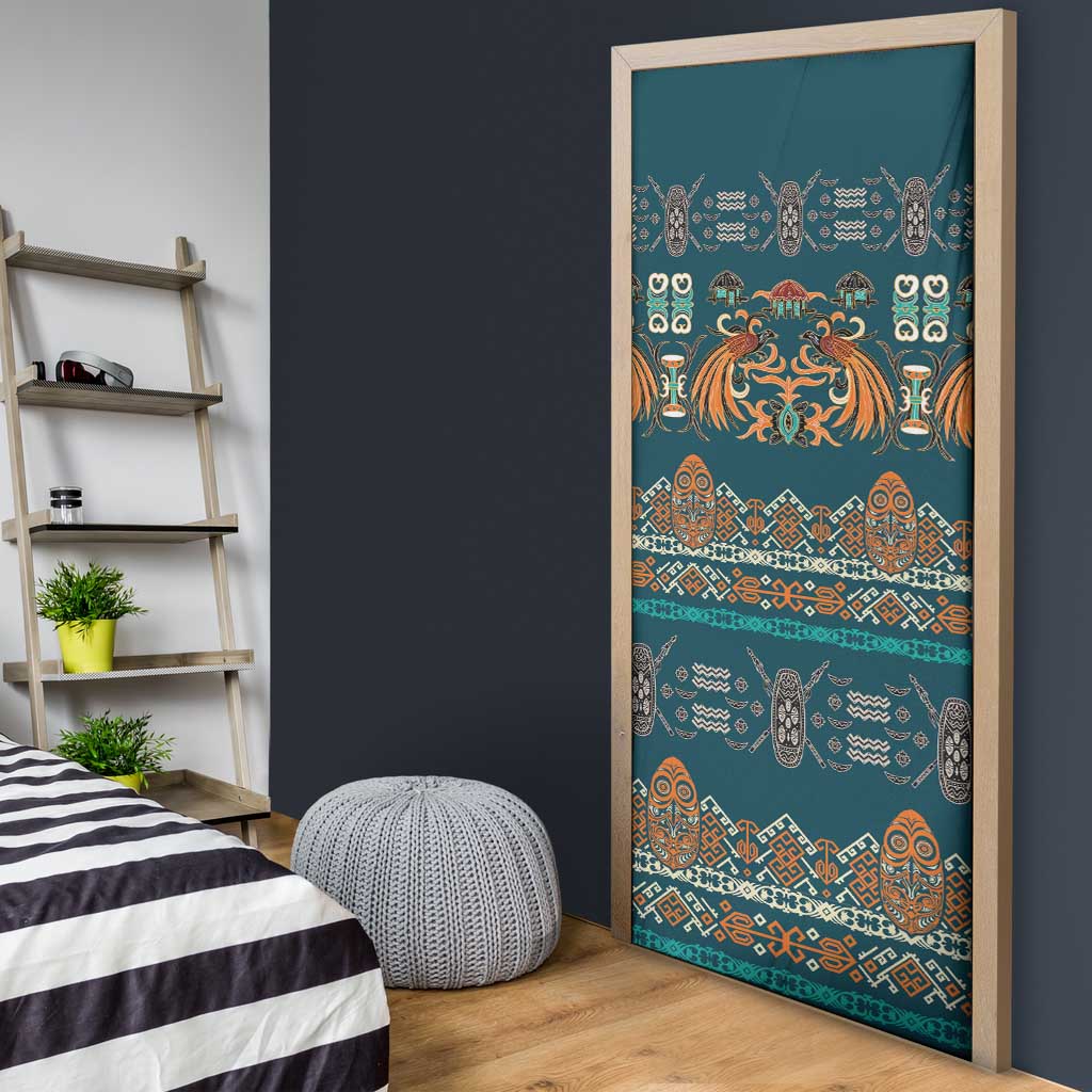 Dark Cyan Blue Batik Papua-inspired Pattern Door Cover LT9 - Polynesian Pride