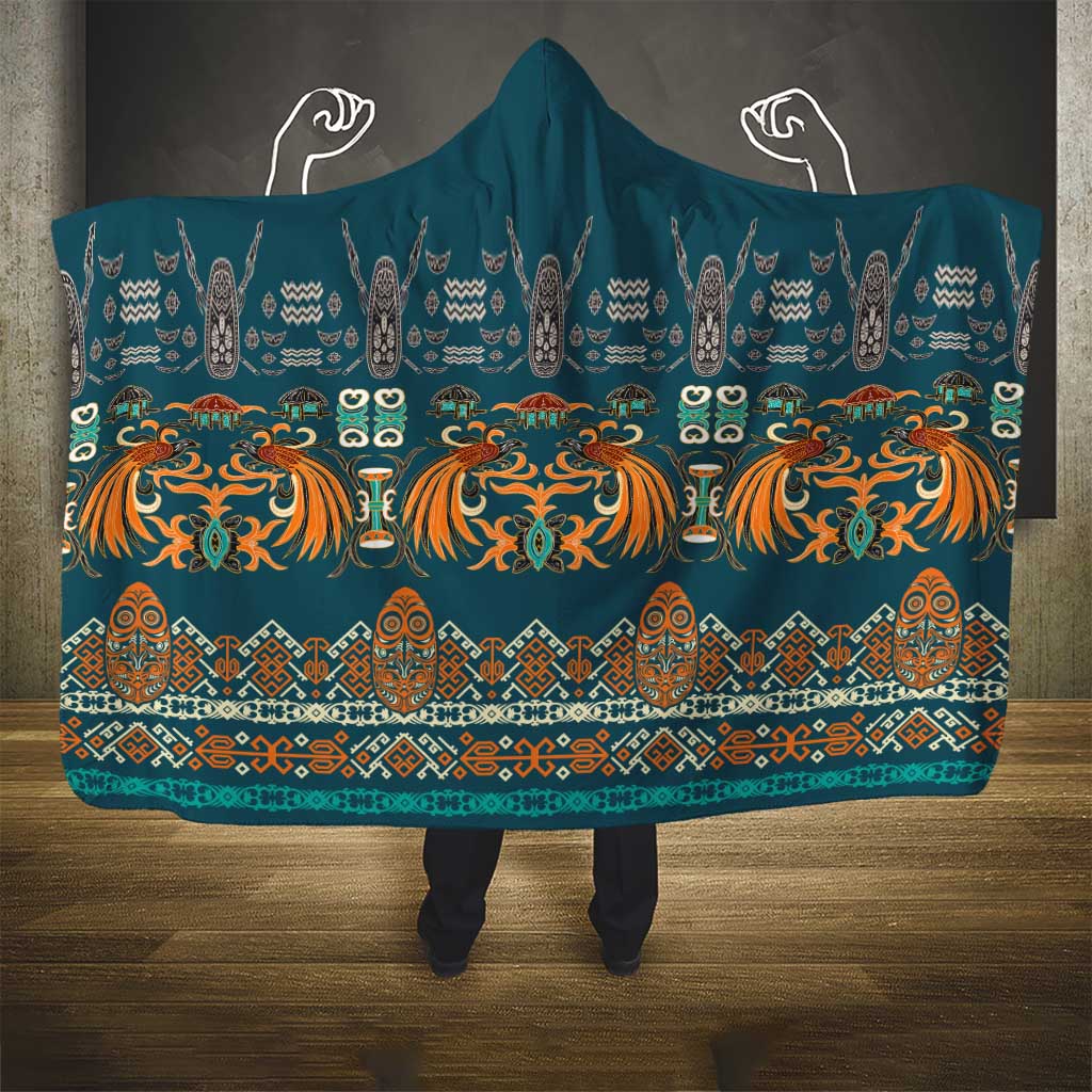 Dark Cyan Blue Batik Papua-inspired Pattern Hooded Blanket LT9 - Polynesian Pride