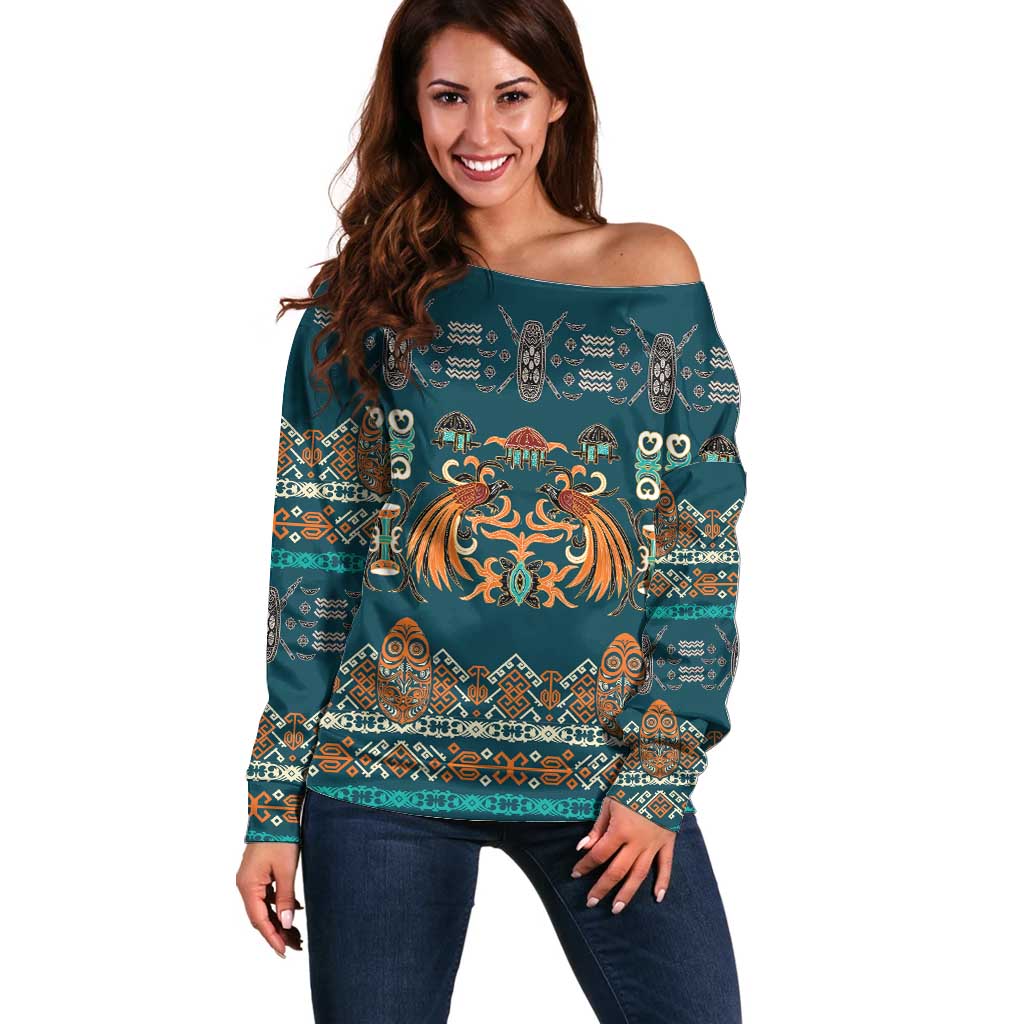 Dark Cyan Blue Batik Papua-inspired Pattern Off Shoulder Sweater LT9 Women Blue - Polynesian Pride