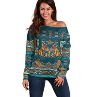 Dark Cyan Blue Batik Papua-inspired Pattern Off Shoulder Sweater LT9 Women Blue - Polynesian Pride