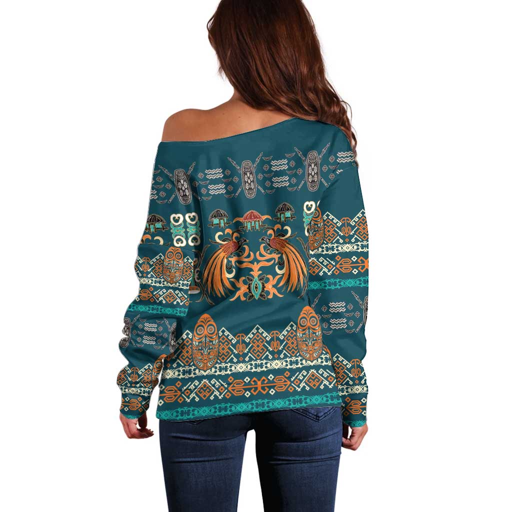 Dark Cyan Blue Batik Papua-inspired Pattern Off Shoulder Sweater LT9 - Polynesian Pride