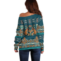 Dark Cyan Blue Batik Papua-inspired Pattern Off Shoulder Sweater LT9 - Polynesian Pride