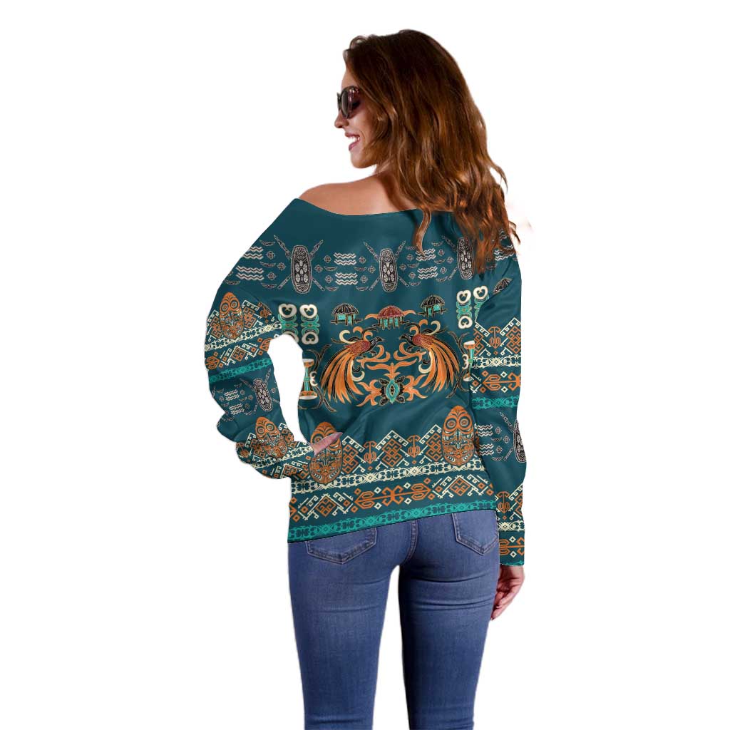 Dark Cyan Blue Batik Papua-inspired Pattern Off Shoulder Sweater LT9 - Polynesian Pride