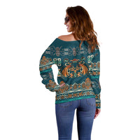 Dark Cyan Blue Batik Papua-inspired Pattern Off Shoulder Sweater LT9 - Polynesian Pride
