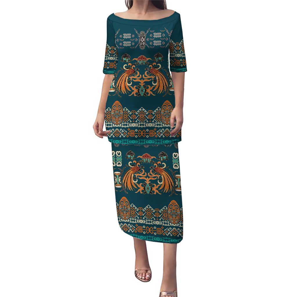 Dark Cyan Blue Batik Papua-inspired Pattern Puletasi LT9 Long Dress Blue - Polynesian Pride