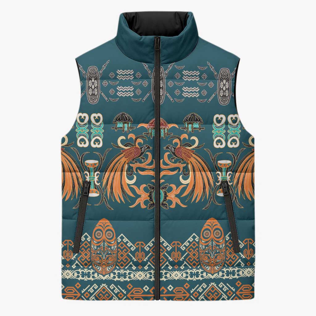 Dark Cyan Blue Batik Papua-inspired Pattern Sleeveless Puffer Jacket LT9 Unisex Blue - Polynesian Pride