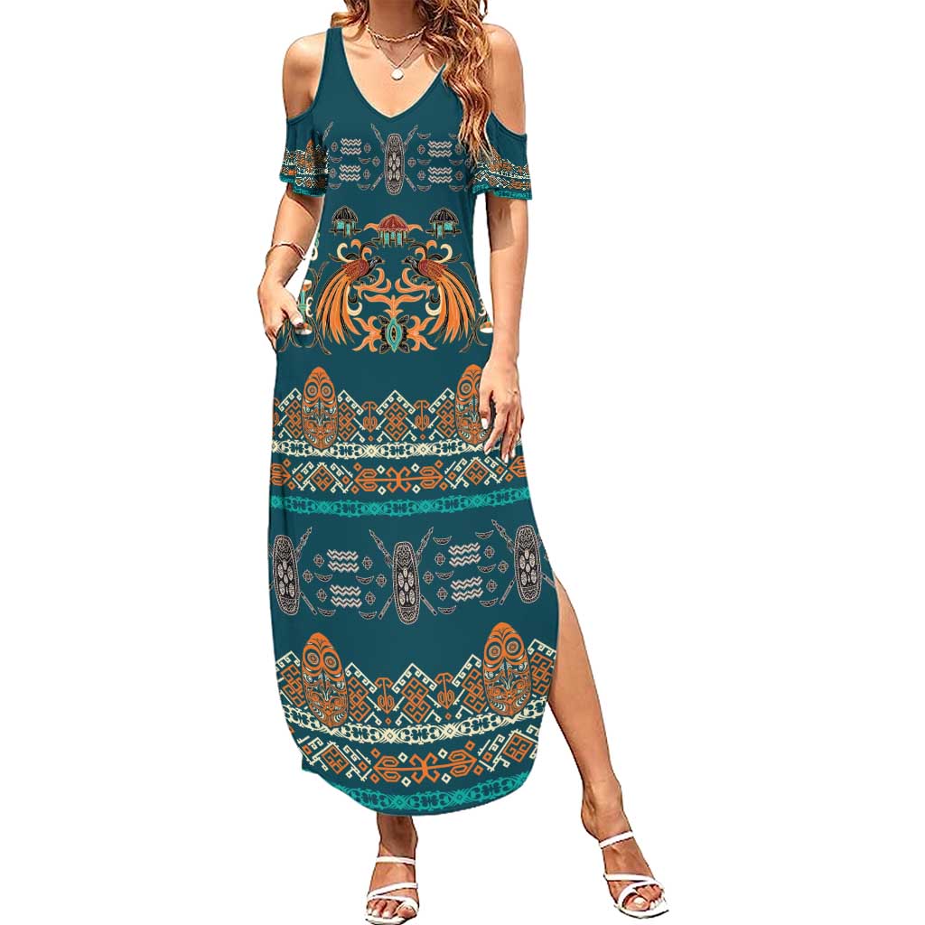 Dark Cyan Blue Batik Papua-inspired Pattern Summer Maxi Dress LT9 Women Blue - Polynesian Pride