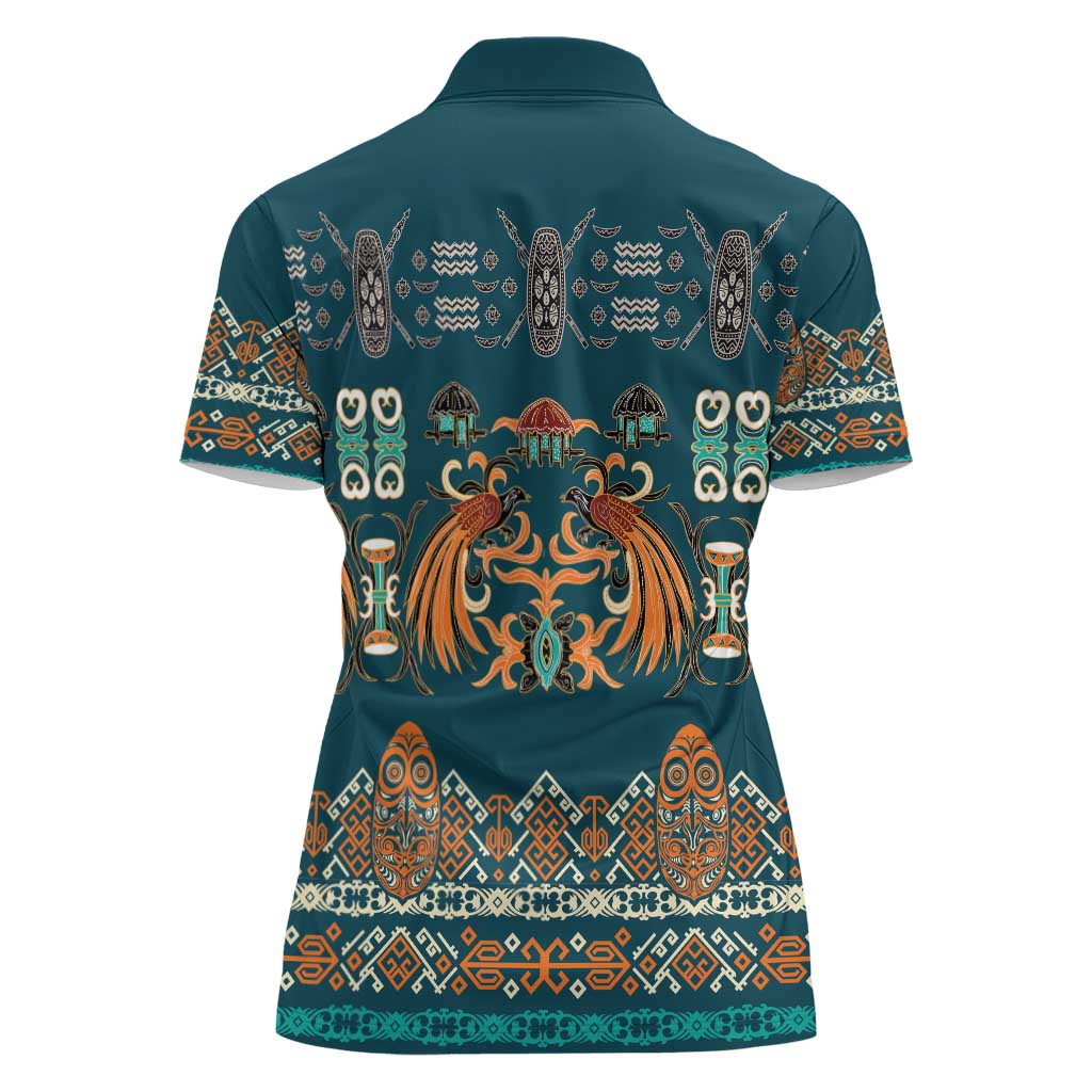 Dark Cyan Blue Batik Papua-inspired Pattern Women Polo Shirt LT9 - Polynesian Pride