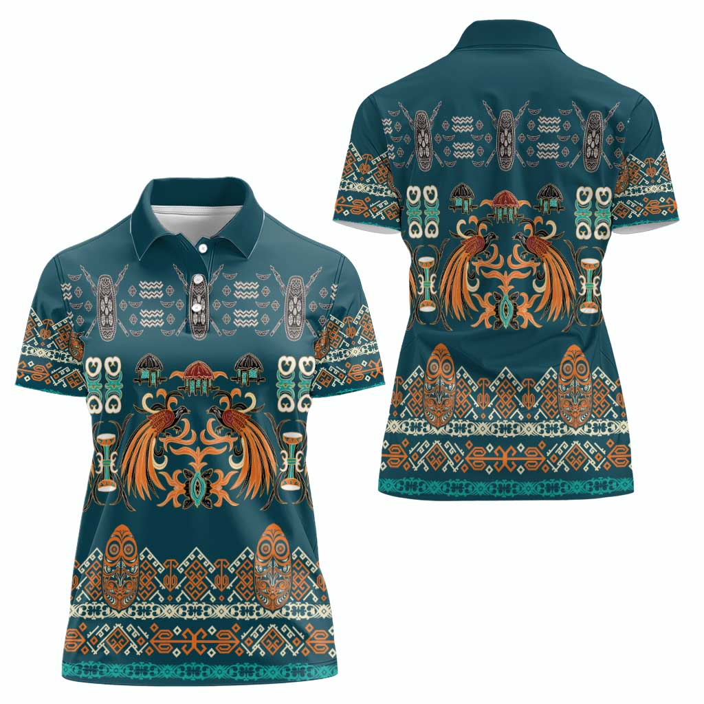 Dark Cyan Blue Batik Papua-inspired Pattern Women Polo Shirt LT9 - Polynesian Pride