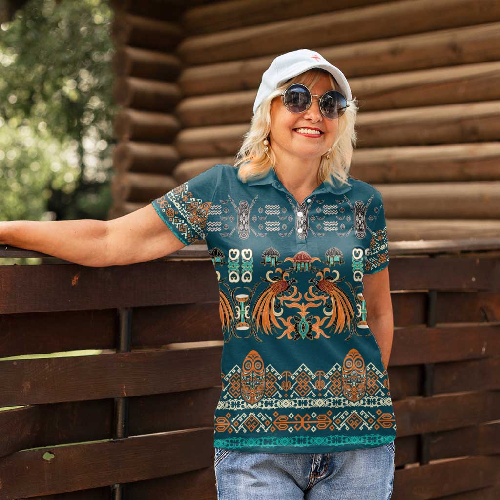 Dark Cyan Blue Batik Papua-inspired Pattern Women Polo Shirt LT9 - Polynesian Pride