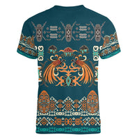 Dark Cyan Blue Batik Papua-inspired Pattern Women V-Neck T-Shirt LT9 - Polynesian Pride