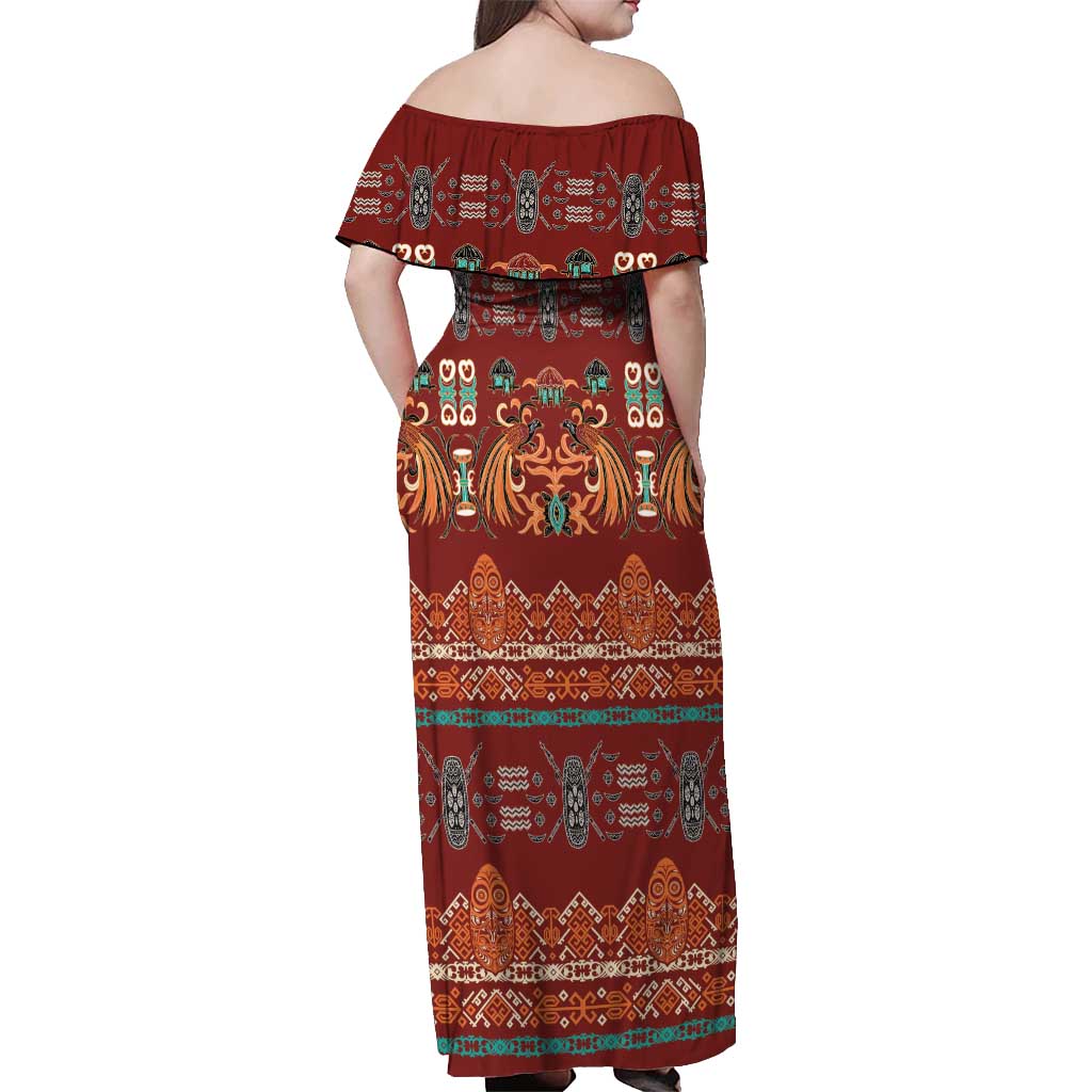 Oxblood Batik Papua-inspired Pattern Off Shoulder Maxi Dress LT9 - Polynesian Pride