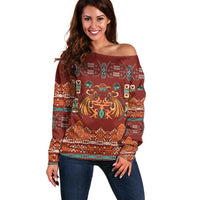 Oxblood Batik Papua-inspired Pattern Off Shoulder Sweater LT9 Women Red - Polynesian Pride
