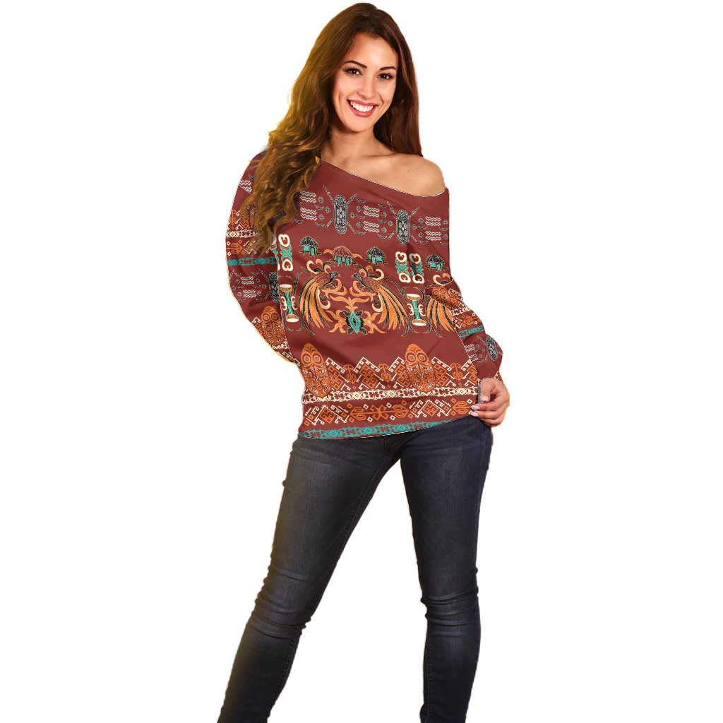Oxblood Batik Papua-inspired Pattern Off Shoulder Sweater LT9 - Polynesian Pride