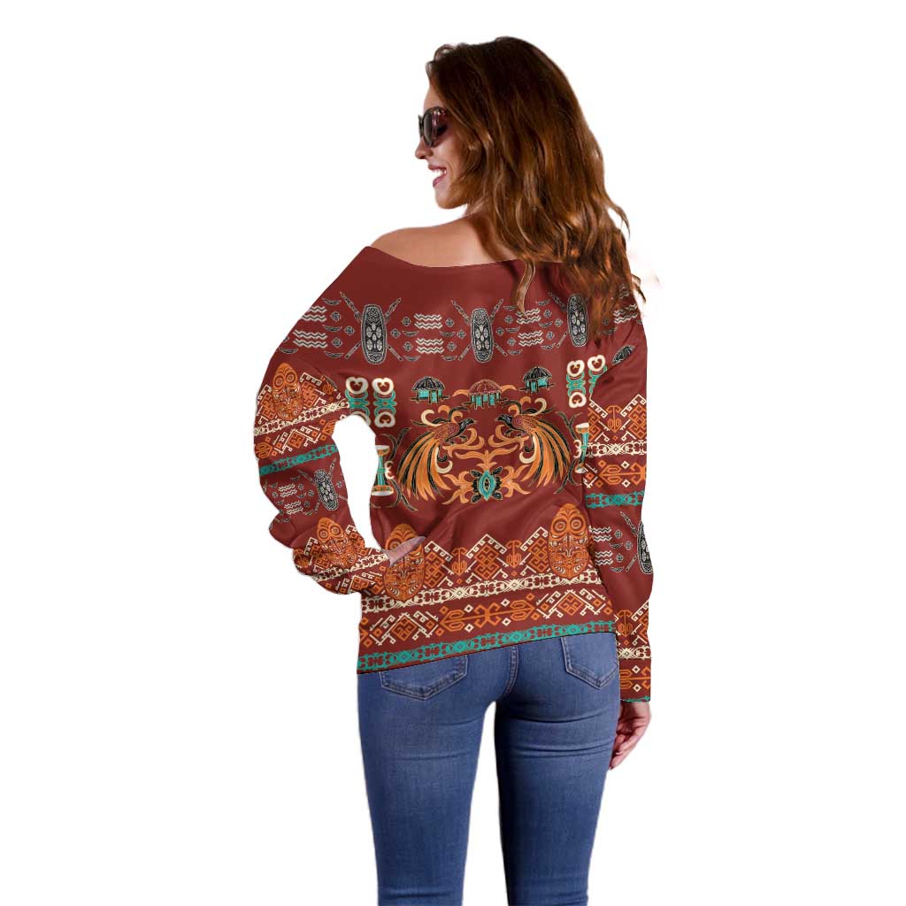 Oxblood Batik Papua-inspired Pattern Off Shoulder Sweater LT9 - Polynesian Pride