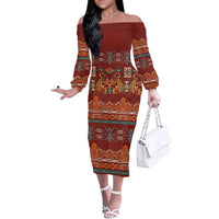Oxblood Batik Papua-inspired Pattern Off The Shoulder Long Sleeve Dress LT9 Women Red - Polynesian Pride