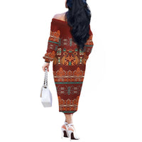 Oxblood Batik Papua-inspired Pattern Off The Shoulder Long Sleeve Dress LT9 - Polynesian Pride