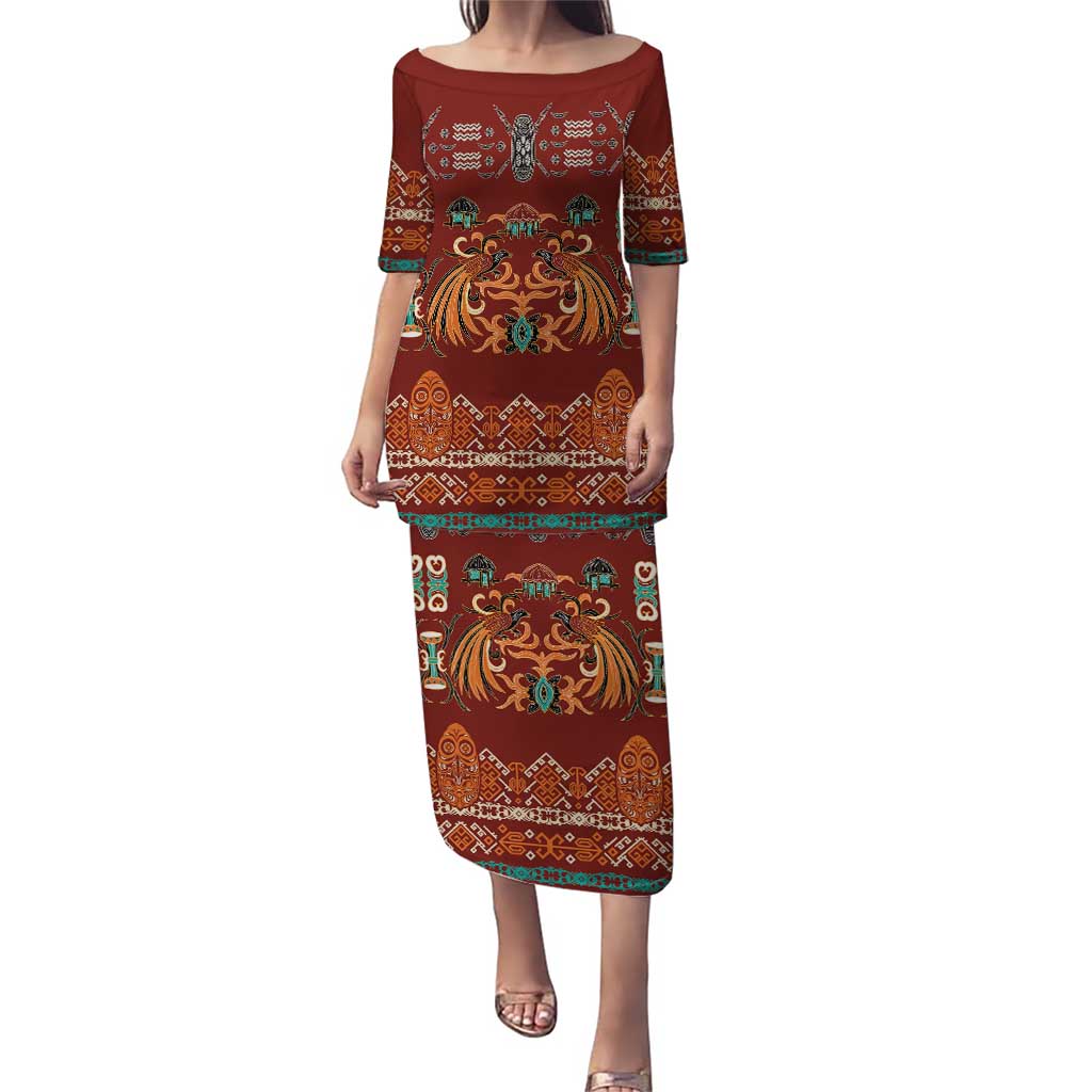 Oxblood Batik Papua-inspired Pattern Puletasi LT9 Long Dress Red - Polynesian Pride