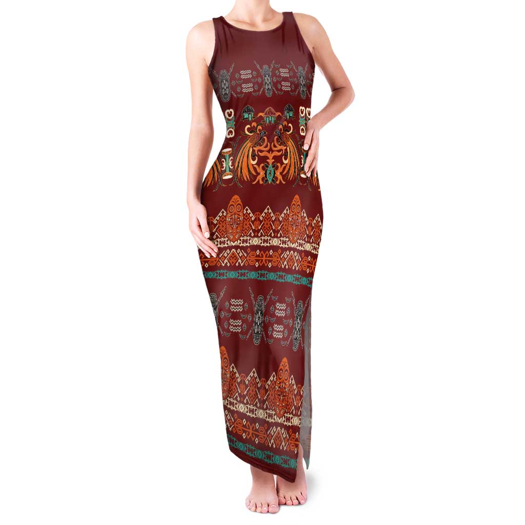 Oxblood Batik Papua-inspired Pattern Tank Maxi Dress LT9 Women Red - Polynesian Pride