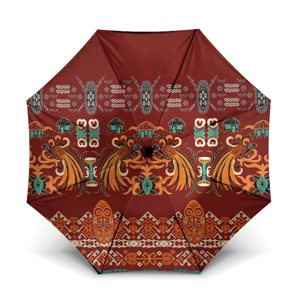 Oxblood Batik Papua-inspired Pattern Umbrella LT9 One Size Folded 11.42 inch Opened Diameter 37.4 inch Red - Polynesian Pride