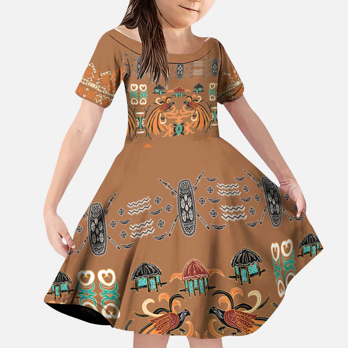 Terracotta Batik Papua-inspired Pattern Kid Short Sleeve Dress LT9 KID Gold - Polynesian Pride