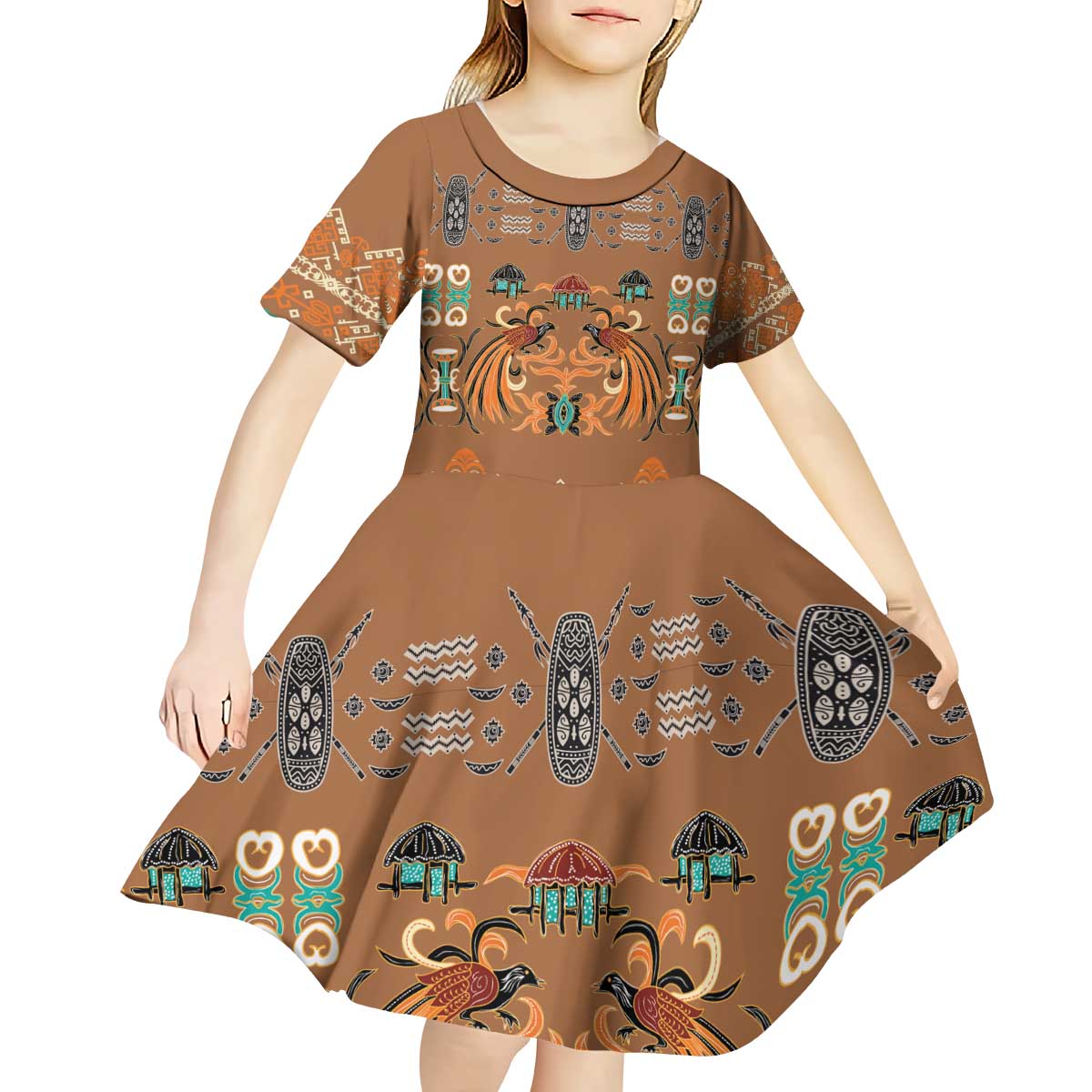 Terracotta Batik Papua-inspired Pattern Kid Short Sleeve Dress LT9 - Polynesian Pride