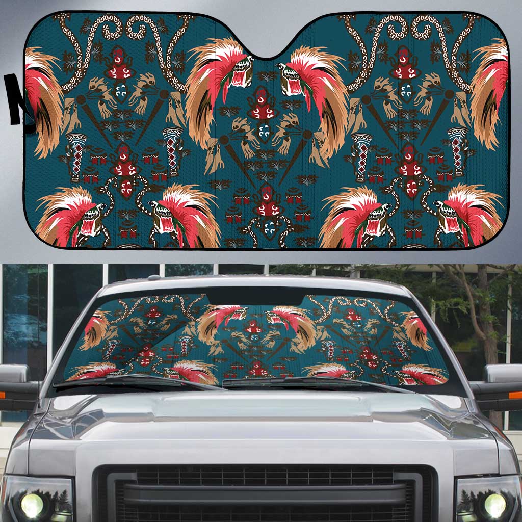 Dark Cyan Blue Bird of Batik Papua Auto Sun Shade Exotic Natural Wealth of Papua LT9 Blue - Polynesian Pride