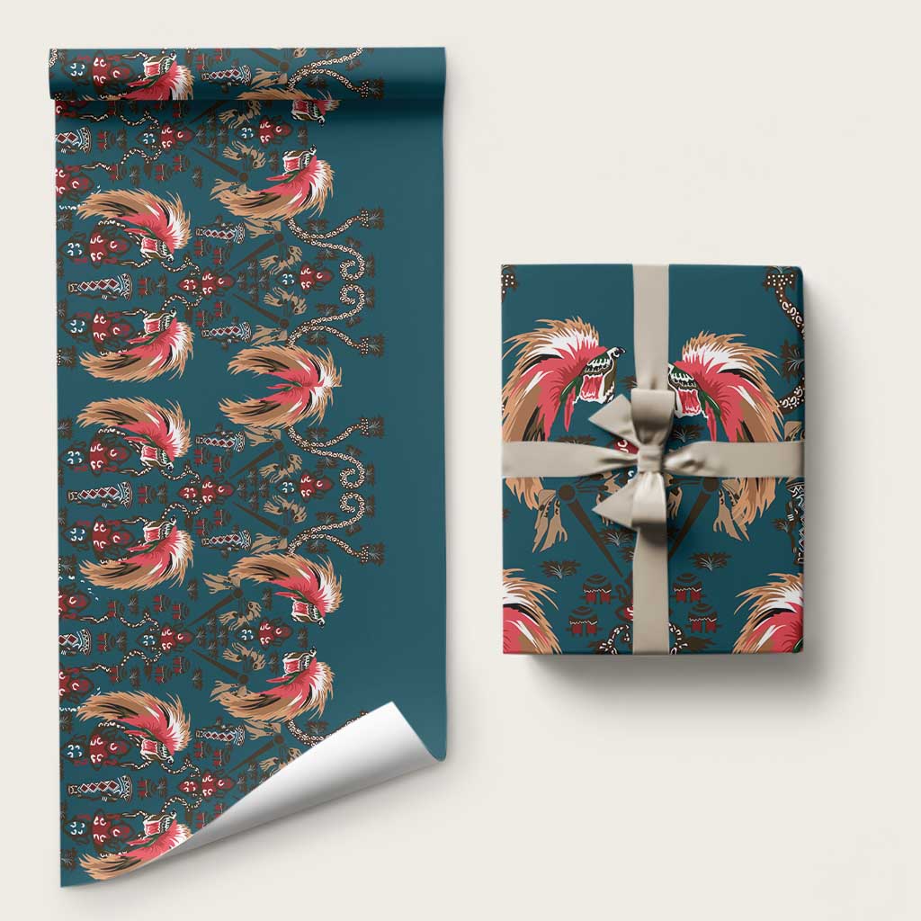 Dark Cyan Blue Bird of Batik Papua Wrapping Paper Exotic Natural Wealth of Papua LT9 58" × 23" Blue - Polynesian Pride