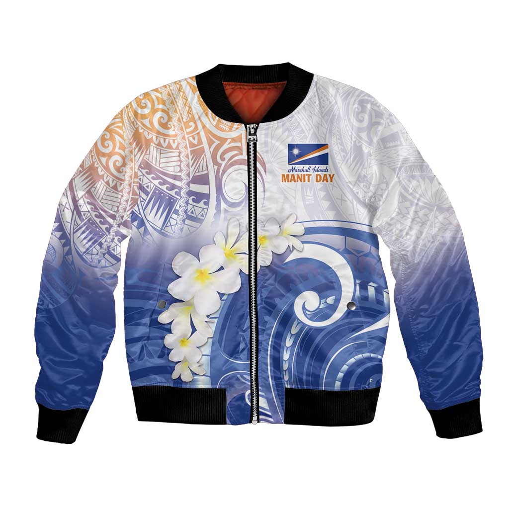 Marshall Islands Manit Day Bomber Jacket Plumeria and Polynesian Tribal LT9 Unisex White - Polynesian Pride