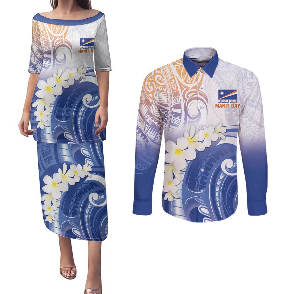Marshall Islands Manit Day Couples Matching Puletasi and Long Sleeve Button Shirt Plumeria and Polynesian Tribal LT9 White - Polynesian Pride