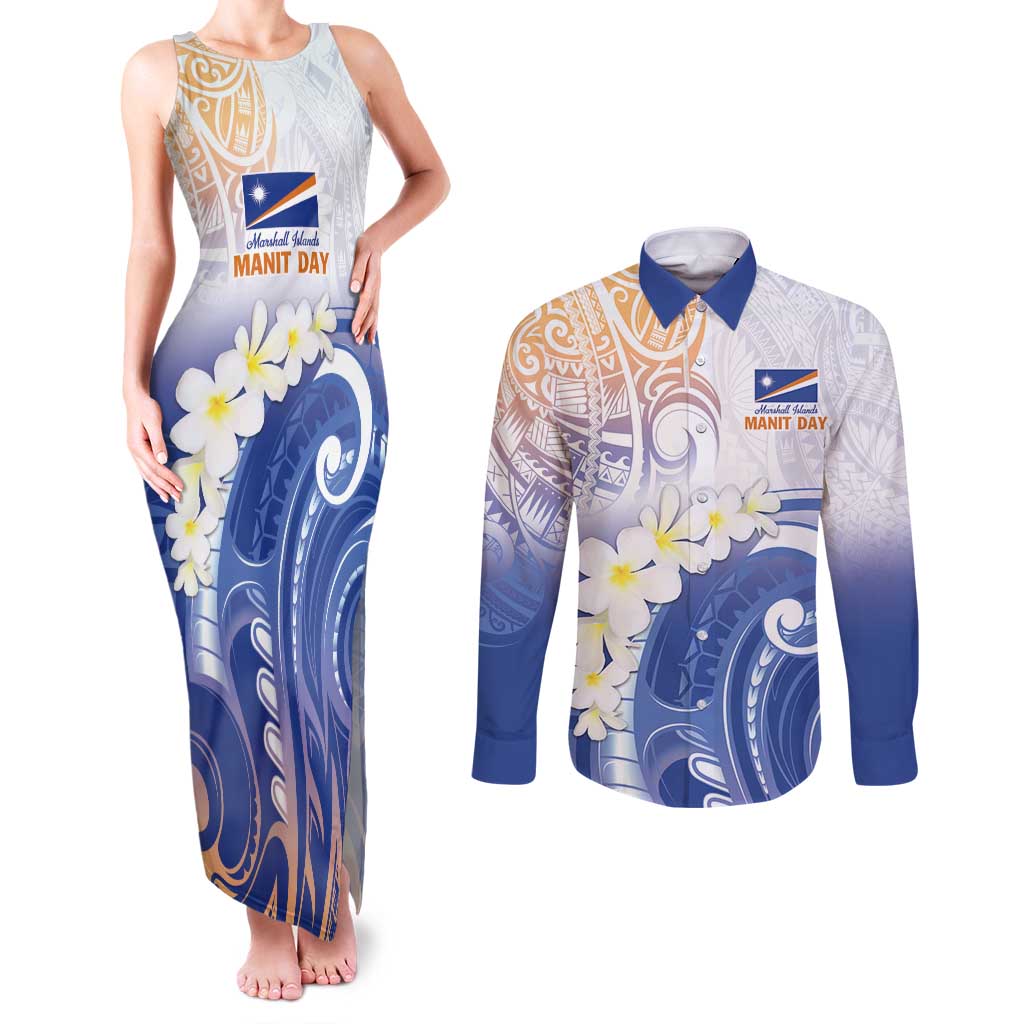 Marshall Islands Manit Day Couples Matching Tank Maxi Dress and Long Sleeve Button Shirt Plumeria and Polynesian Tribal LT9 White - Polynesian Pride