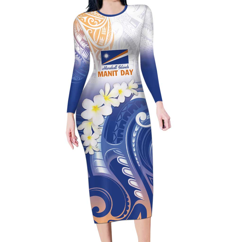 Marshall Islands Manit Day Long Sleeve Bodycon Dress Plumeria and Polynesian Tribal