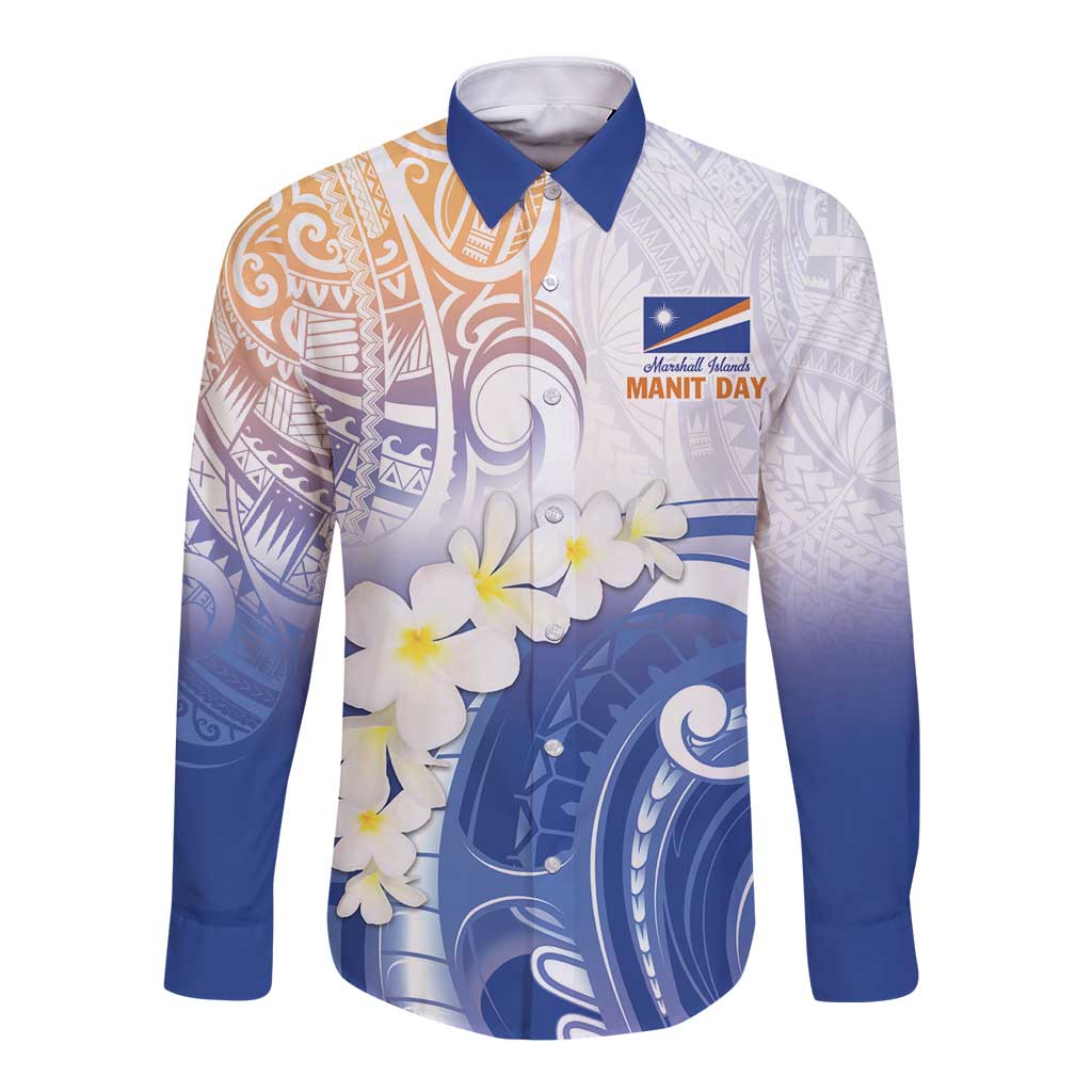 Marshall Islands Manit Day Long Sleeve Button Shirt Plumeria and Polynesian Tribal LT9 Unisex White - Polynesian Pride
