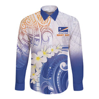 Marshall Islands Manit Day Long Sleeve Button Shirt Plumeria and Polynesian Tribal LT9 Unisex White - Polynesian Pride