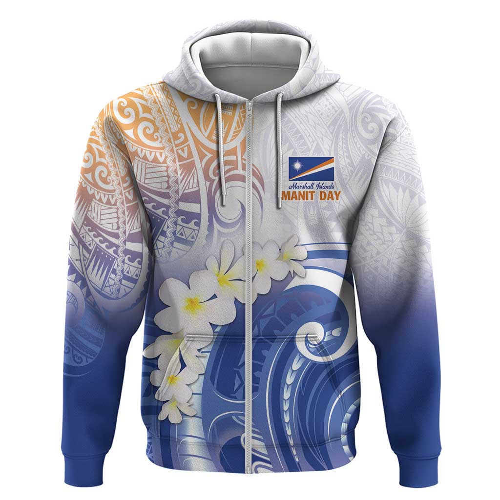 Marshall Islands Manit Day Zip Hoodie Plumeria and Polynesian Tribal