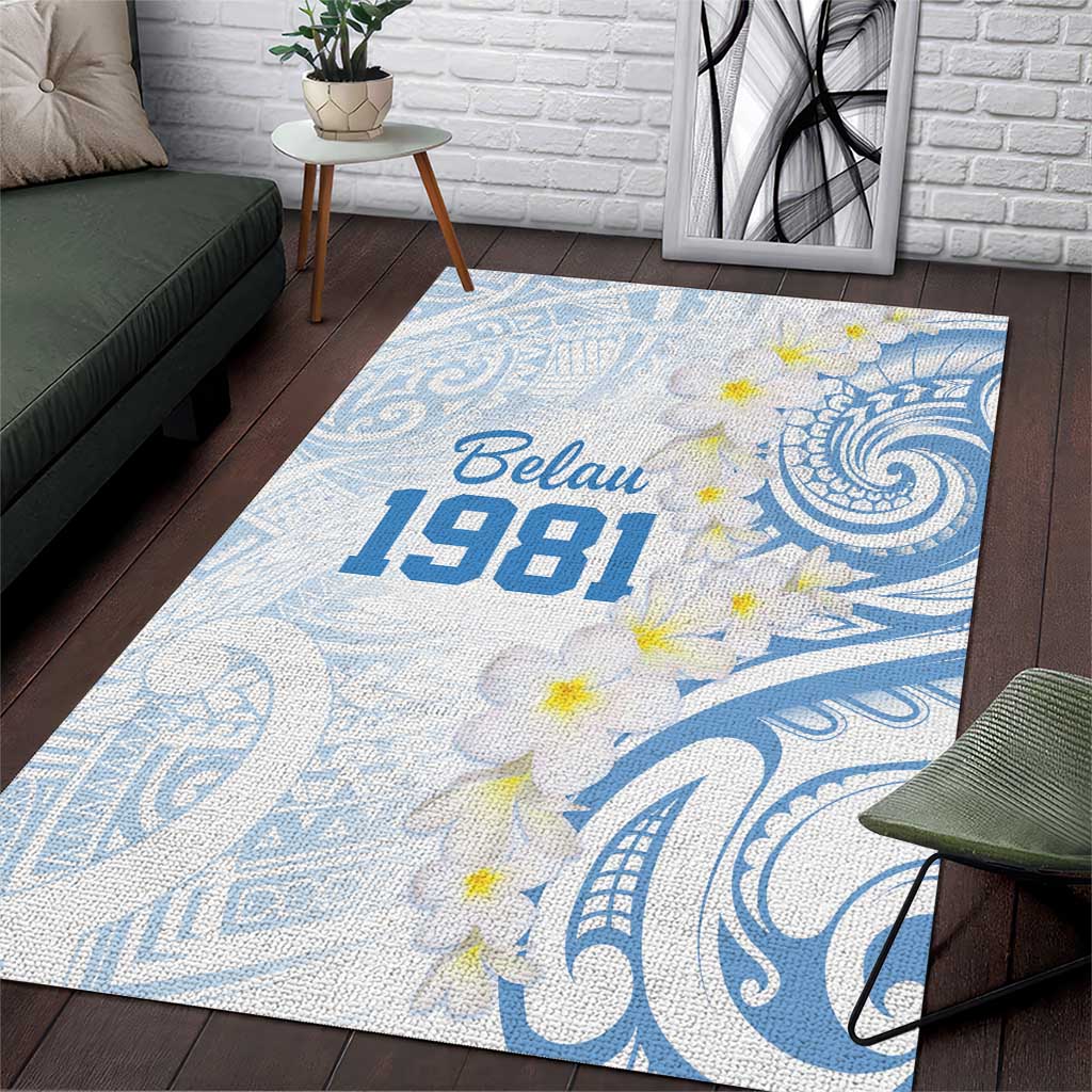 Palau 1981 Tribal Tattoo Area Rug with Belau Plumeria Flowers LT9 White - Polynesian Pride